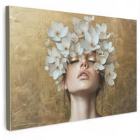 SLIKA NA PLATNU Cvetovi 90x60 cm - zlate barve, tekstil (90/60cm) - MuchoWow