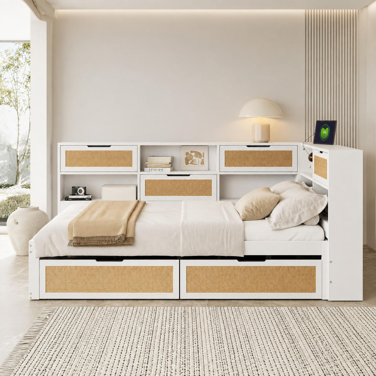 JUGENDBETT 140/200 mit Schubladen, Stauraum und Ladeanschluss in Weiß - Weiß, Holzwerkstoff (140/200cm) - EVRYAE