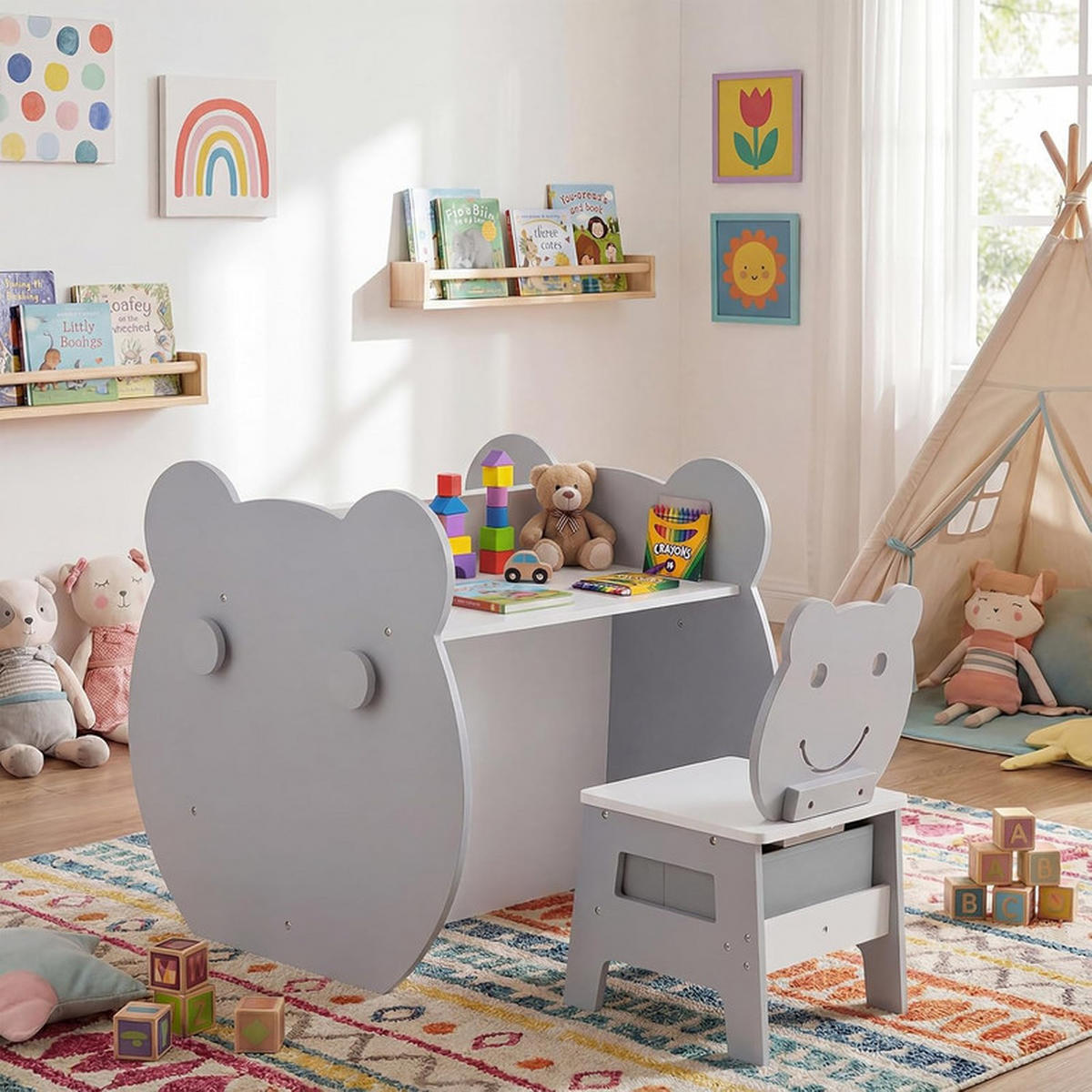 KINDERTISCH mit stuhl grau(2-tlg) - Grau, Holzwerkstoff (59.5/60/60cm) - COSTWAY