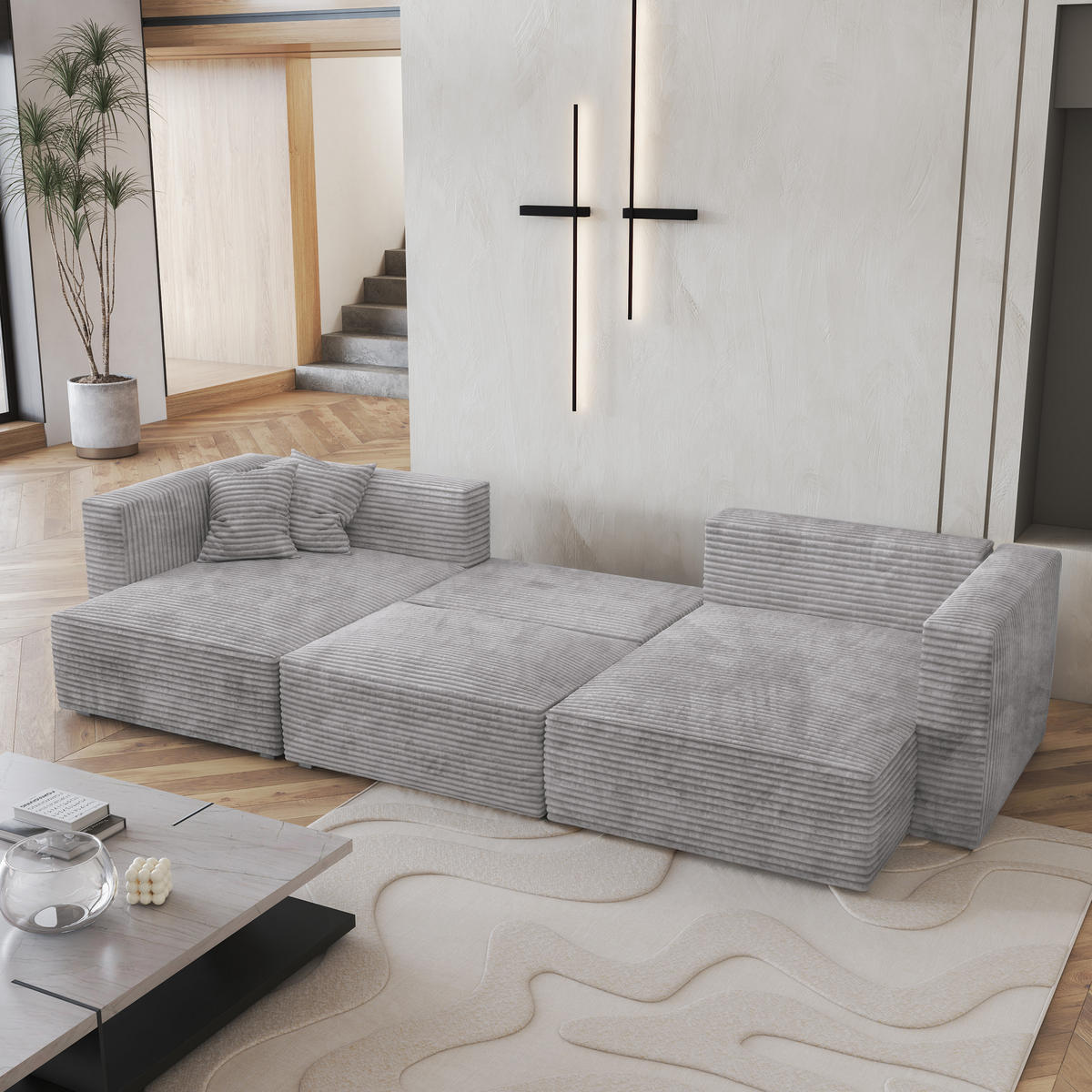 WOHNLANDSCHAFT SARMO Hellgrau Kordstoff mit Schlaffunktion - Hellgrau, Holz (347/90/148cm) - MASSENO