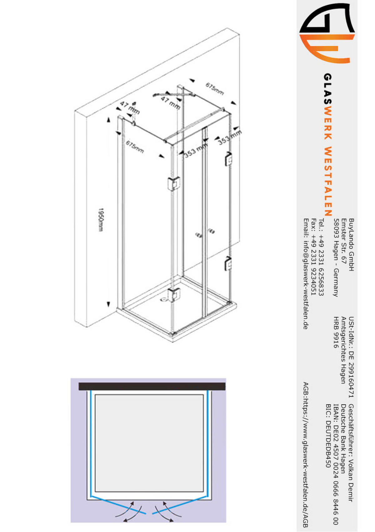 DUSCHKABINE Emma 75x80x75 x195 cm U-Form Schwarz - Schwarz, Glas (75/80/195cm) -  Glaswerk Westfalen