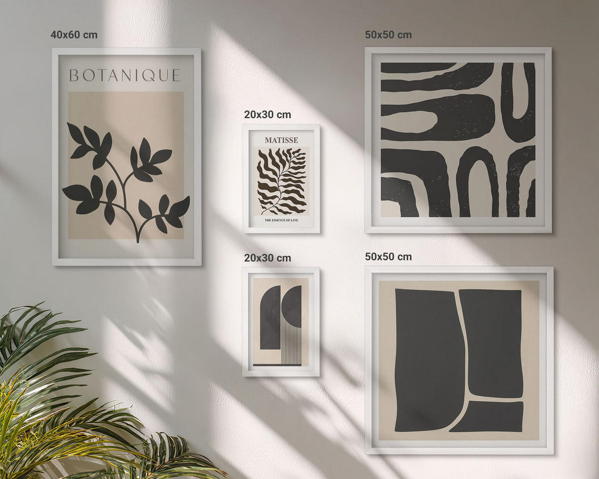 BILDER SET 5er Set - 50x50 cm & 20x30 cm & 40x60 cm Weißer Rahmen - Minimalistische Pflanzenposter - Weiß, Kunststoff (40/60cm) - TULUP