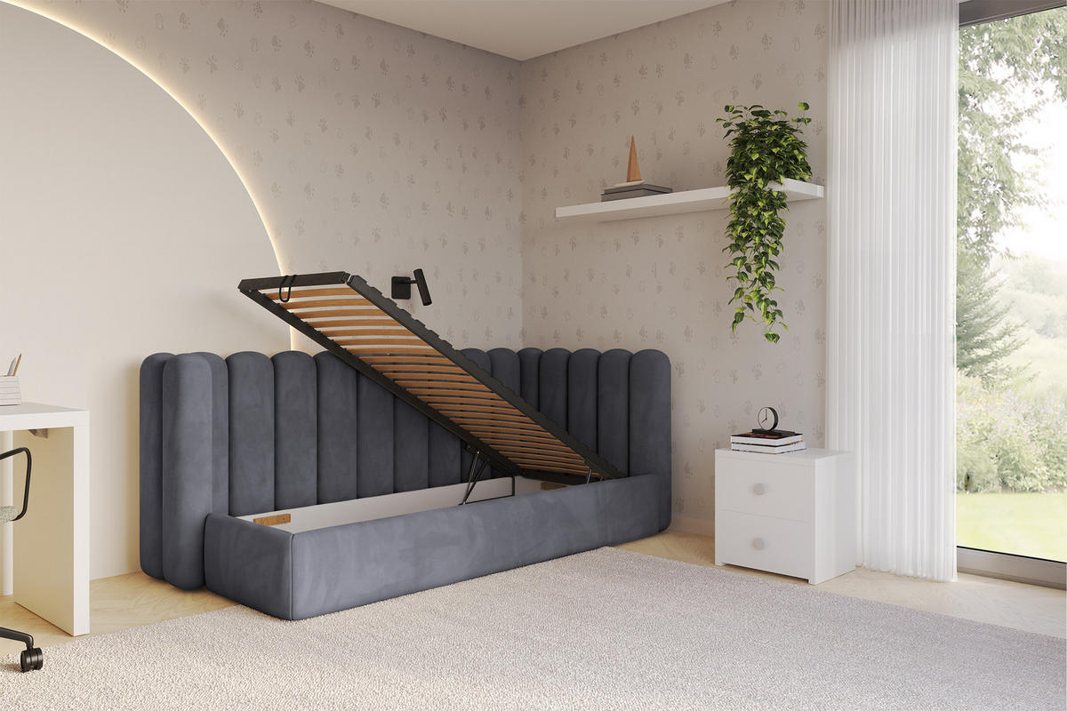 EINZELLBETT Jugendbett mit Bettkasten und Matratze H3/H4, Links - HUGY 100x200 Dunkelgrau - Dunkelgrau, Holzwerkstoff/Textil (100/200cm) - ALTDECOR