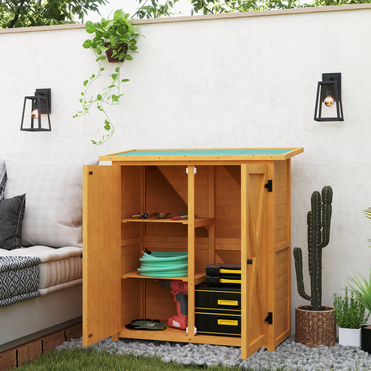 GARTENSCHRANK Holz Geräteschrank mit 2 Tür Geräteschuppen mit Asphaltdach Gelb - Gelb, Holz (55/117/110cm) - Outsunny