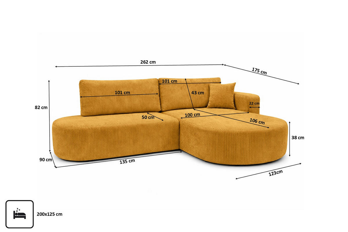 ECKSOFA Mit Schlaffunktion Und Bettkasten, Cordstoff Poso, Senffarbe, Rechts, ROUND ONE OPEN XL - Gelb, Holz (262/175cm) - Kaiser Möbel