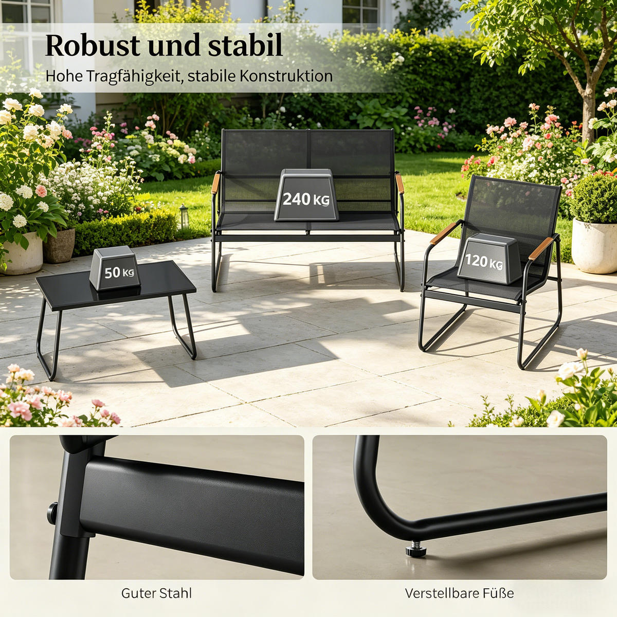 GARTENMÖBEL-SET Schwarz 4-teilig mit Glastisch & Armlehnen in Holzoptik - Schwarz, Metall - PANGIVO