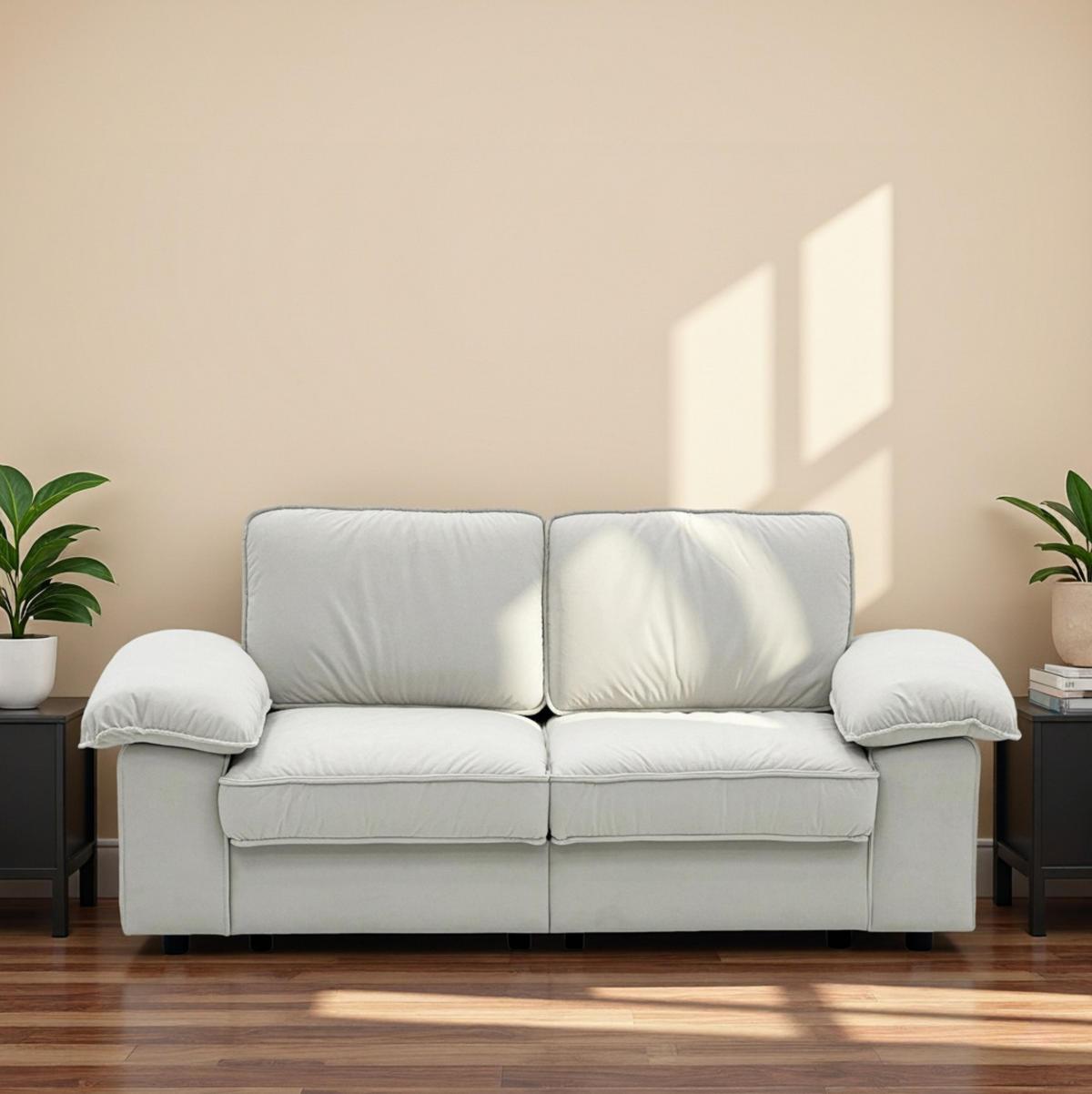 SOFA mit Stauraum Kurzplüsch-Polyester Bezug und Taschenfederkern 201/91/89 cm Creme - Creme, Textil (91/89/201cm) - Redom
