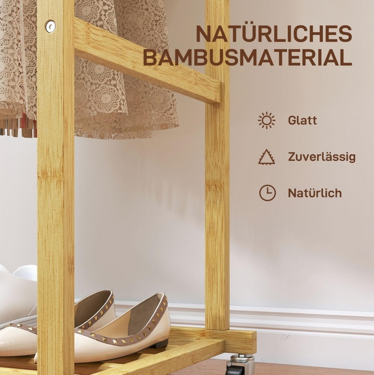KLEIDERSTÄNDER mit Rollen 80 x 40 x 160 cm Bambus Natural Wood - Braun, Holzwerkstoff (40/160/80cm) - Beauniv