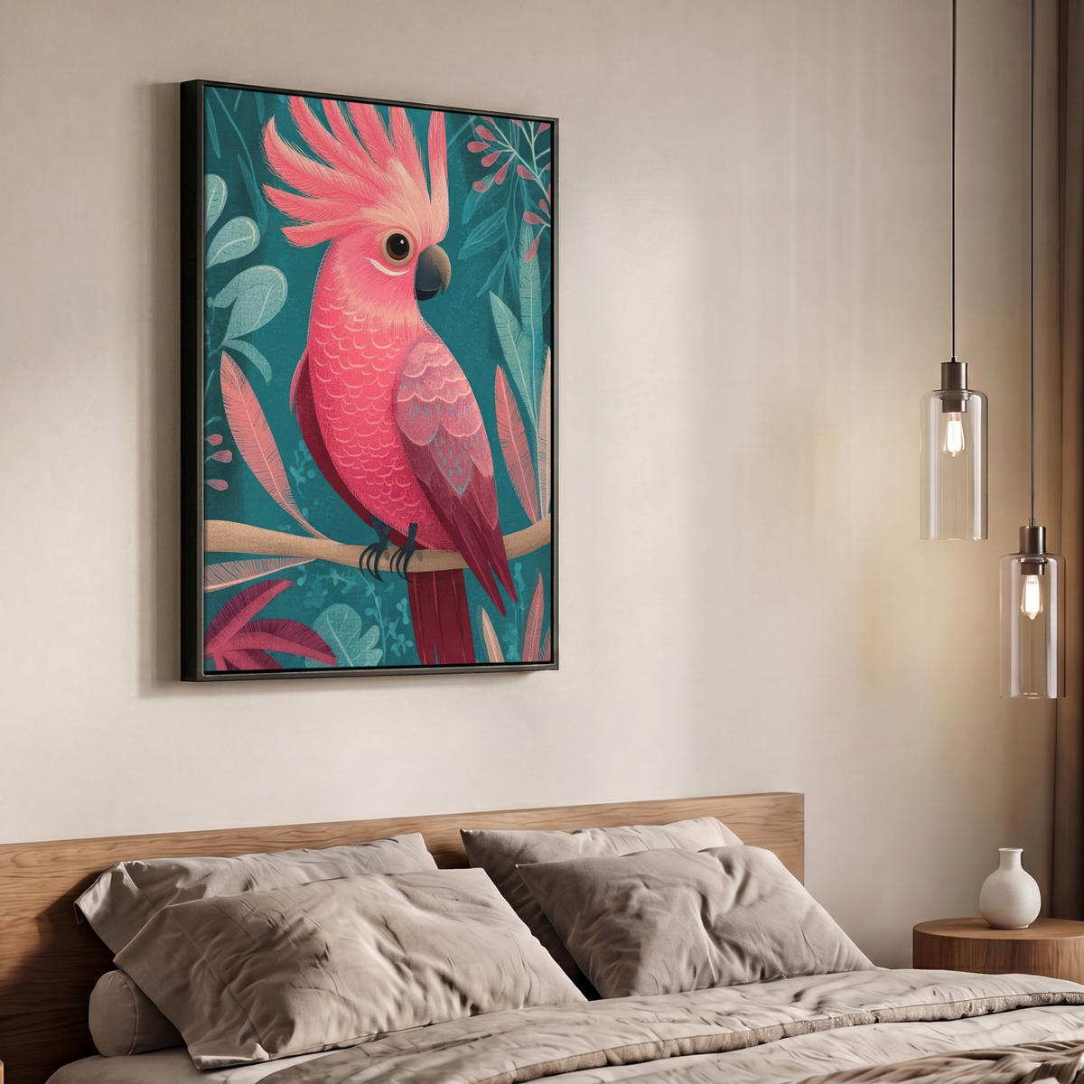 LEINWAND Bilder mit Rahmen - Kakadu - Tropische Blätter - Zweig - 70x100 - Petrol, Textil (70/100cm) - MuchoWow