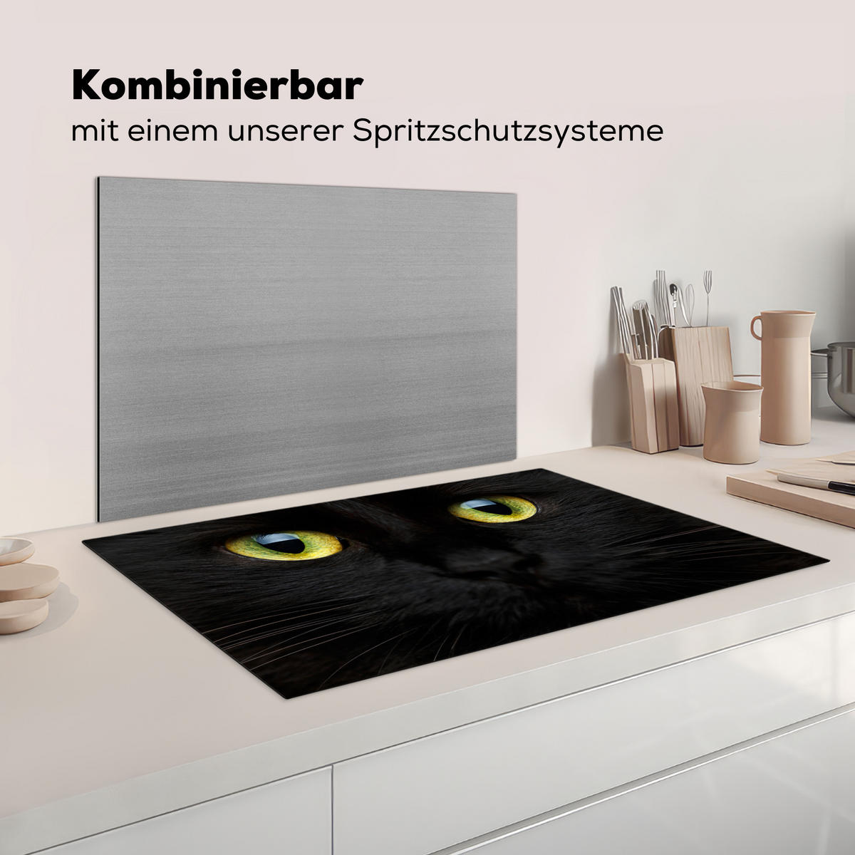 HERDABDECKPLATTE Katze - Augen - Gelb - Schwarz Ceranfeldabdeckung 85x52 cm - Schwarz, Kunststoff (85/52/0.2cm) - MuchoWow