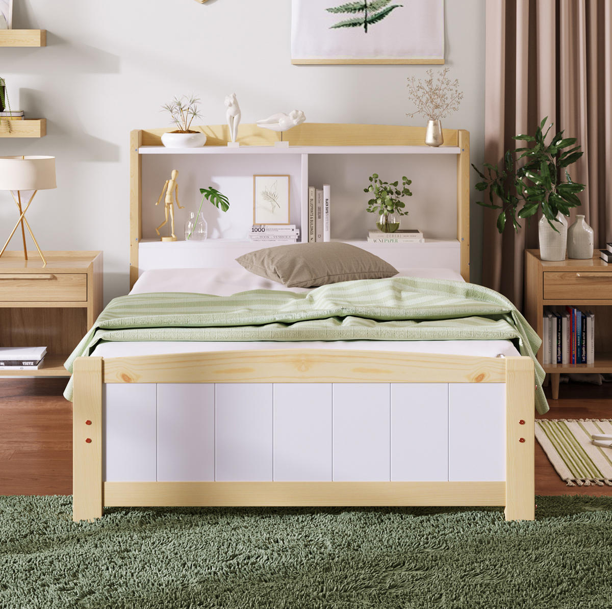 EINZELBETT 90/200 cm mit Stauraum-Kopfteil und Lattenrost, Weiß/Natur - Naturfarben, Holz - Redom