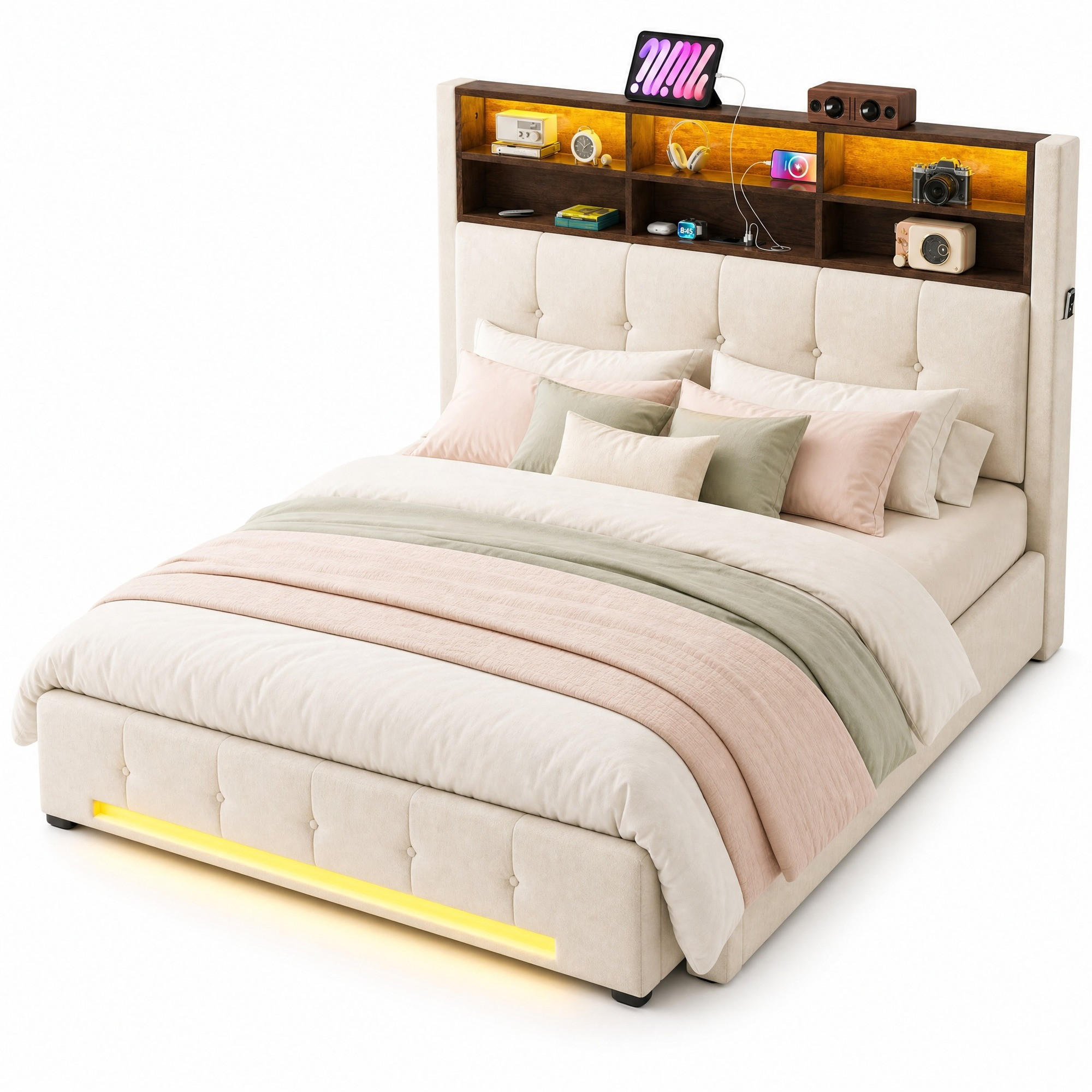 ČALOUNĚNÁ POSTEL 160/200 cm v béžové barvě s úložným prostorem, LED a USB-C - béžová, kov/kompozitní dřevo (160/200cm) - CHICFURN