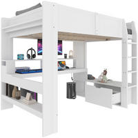HOCHBETT 140/200 cm weiß Gaming Bett mit Schreibtisch und LED-Beleuchtung - Weiß, Holz (140/200cm) - OKWISH