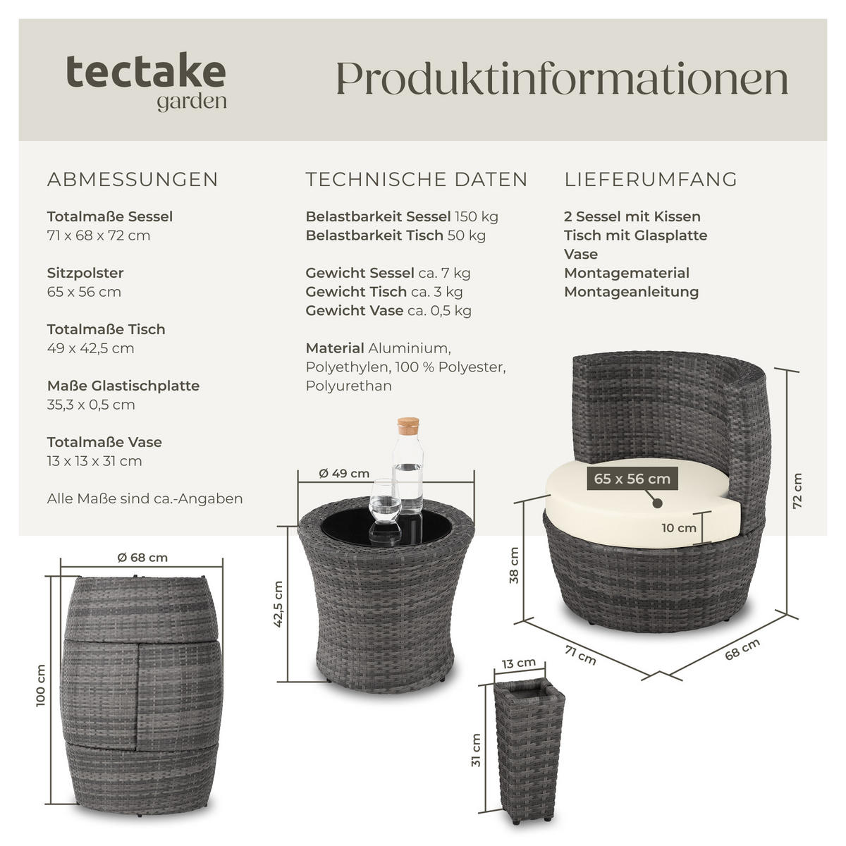 RATTAN SITZGRUPPE Nizza,stapelbar,grau - Grau, Kunststoff - tectake