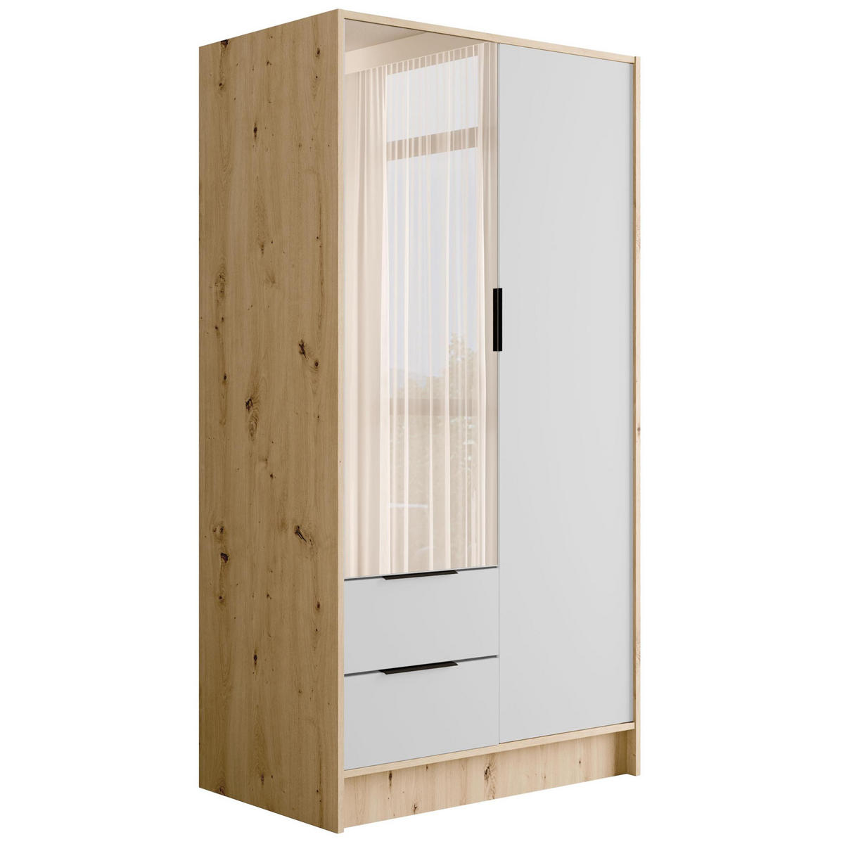 KLEIDERSCHRANK mit Spiegel und Flügeltüren KOLIN 100x200cm Artisan/Weiß - Eiche Artisan/Weiß, Holzwerkstoff (102/200/51cm) - ALTDECOR