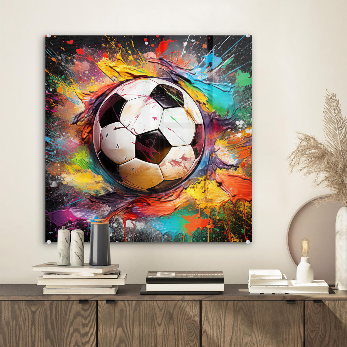 ACRYLGLASBILD Fußball - Farbe - Farben - Schwarz - Weiß 50x50 cm - Weiß, Glas (50/50cm) - MuchoWow