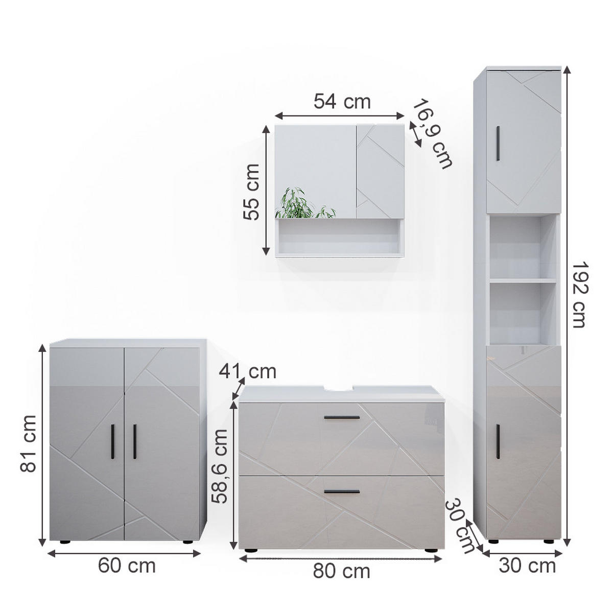 BADMÖBEL-SET Irma Weiß Hochglanz 4 Teile mit Schubladenschrank und Midischrank - Weiß Hochglanz/Weiß, Holzwerkstoff (80/58/41cm) - Vicco