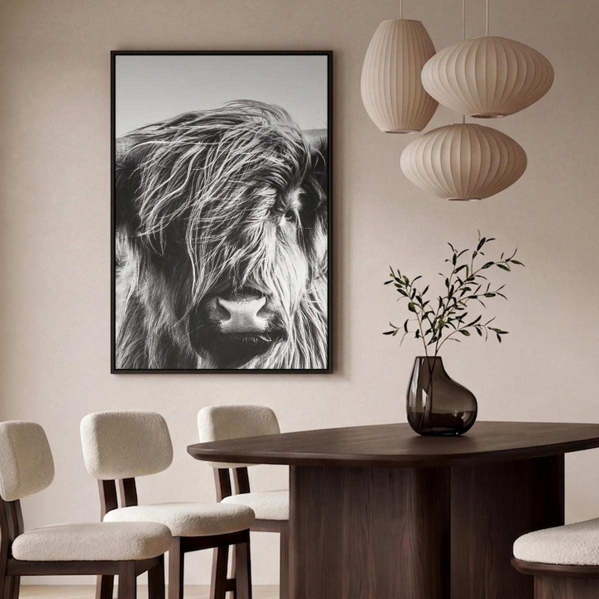 LEINWAND Bilder mit Rahmen - Kuh - Schottischer Hochländer - Schwarz - Weiß - Tier - Natur - Wildtiere - 100x150 - Schwarz, Textil (100/150cm) - MuchoWow
