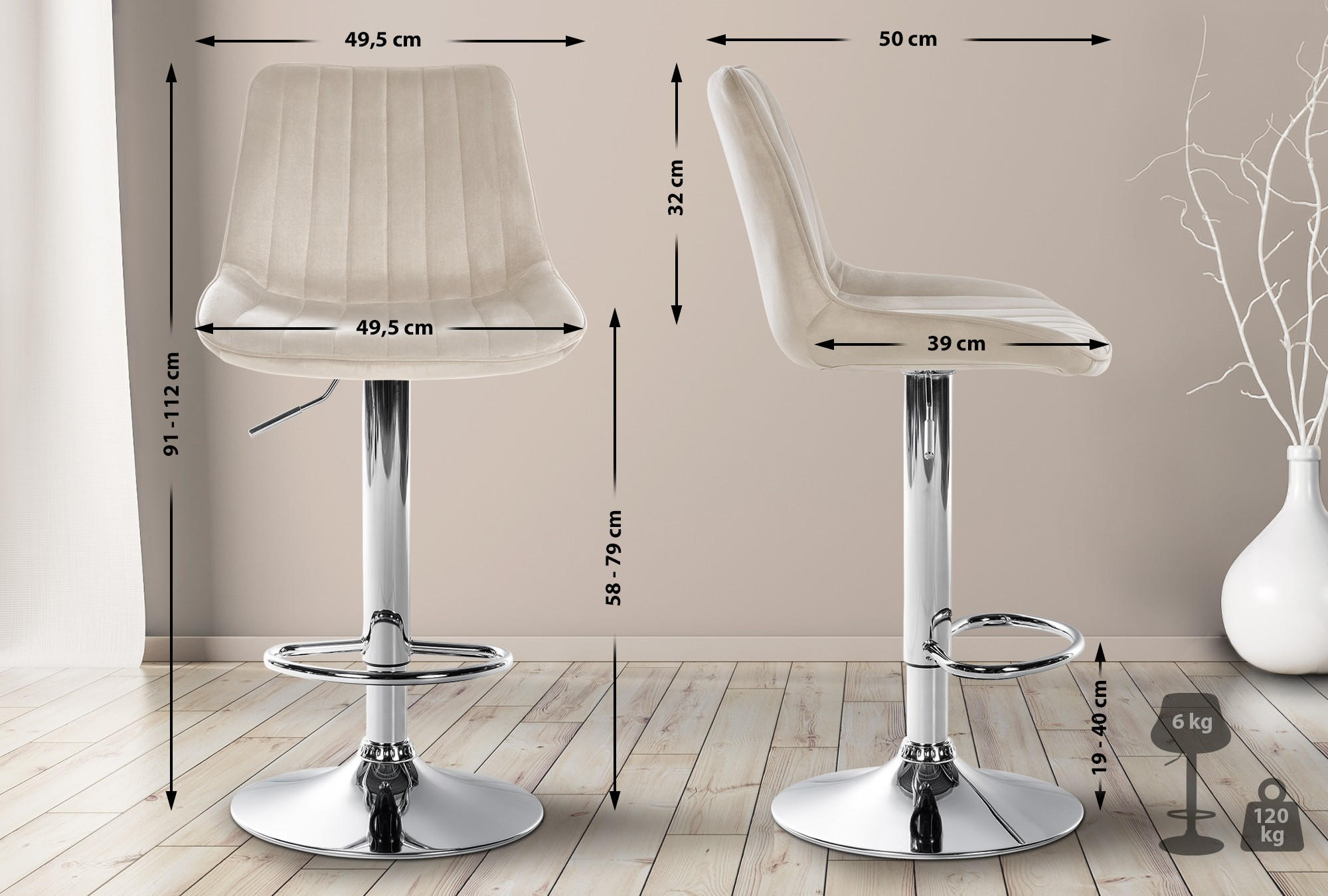 BARHOCKER RIO Creme Samt Chrom - Creme, Textil/Metall (49.5/91/50cm) - DELUKE