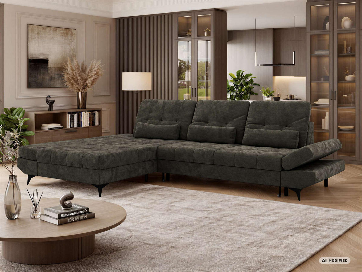 ECKSOFA ALVENO L - Dunkelgrau Schenille glatt - Links Seite - Dunkelgrau/Schwarz, Textil/Metall (218/344cm) - MKS