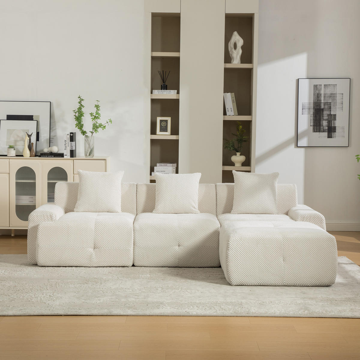 ECKSOFA Chenille Beige mit Kissen - Beige, Textil (266/176cm) - WISHDOR