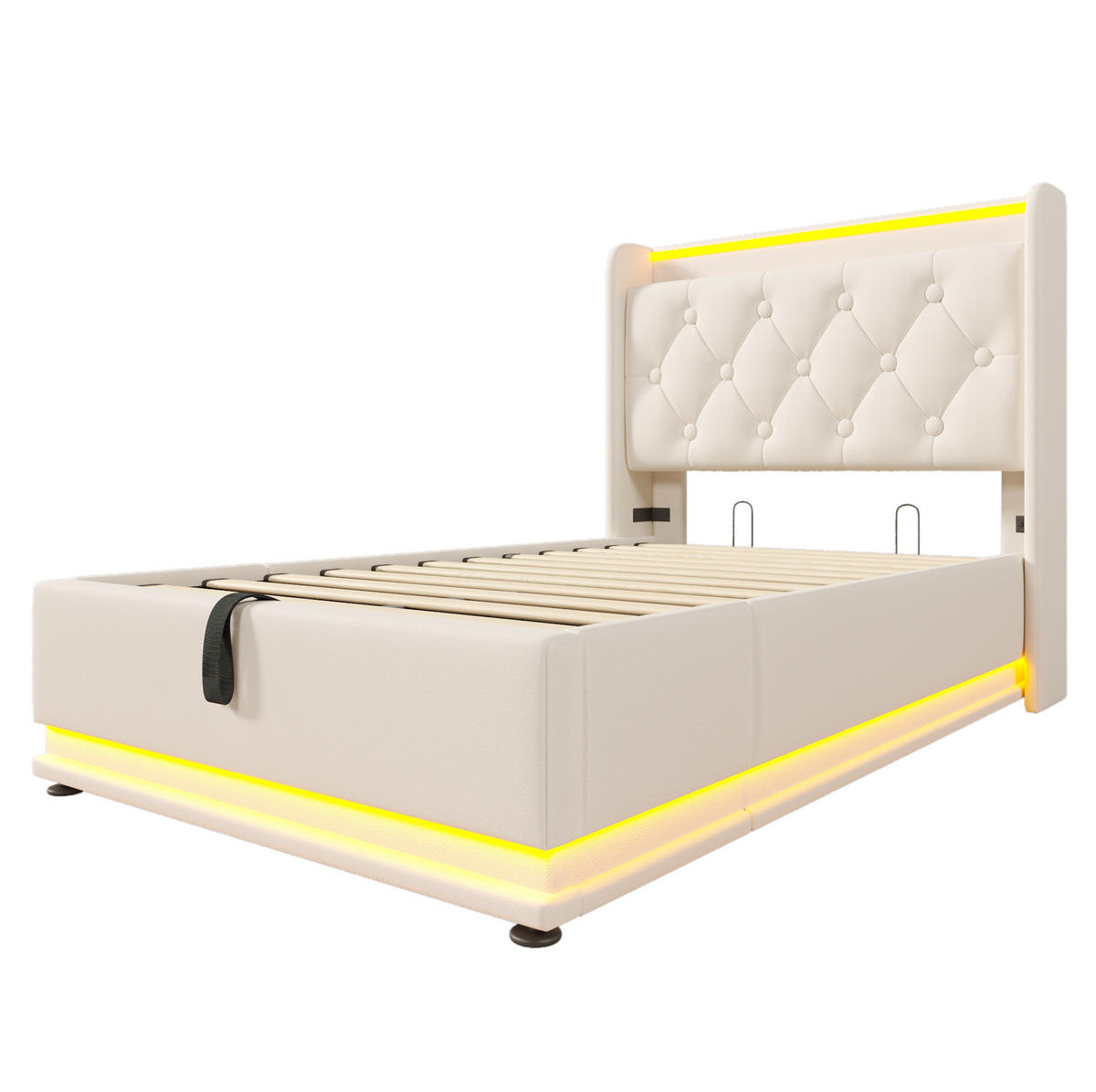 POLSTERBETT mit LED und Stauraum 90x200 cm PU Weiß mit Matratze - Weiß, Metall (90/200cm) - Meubliv