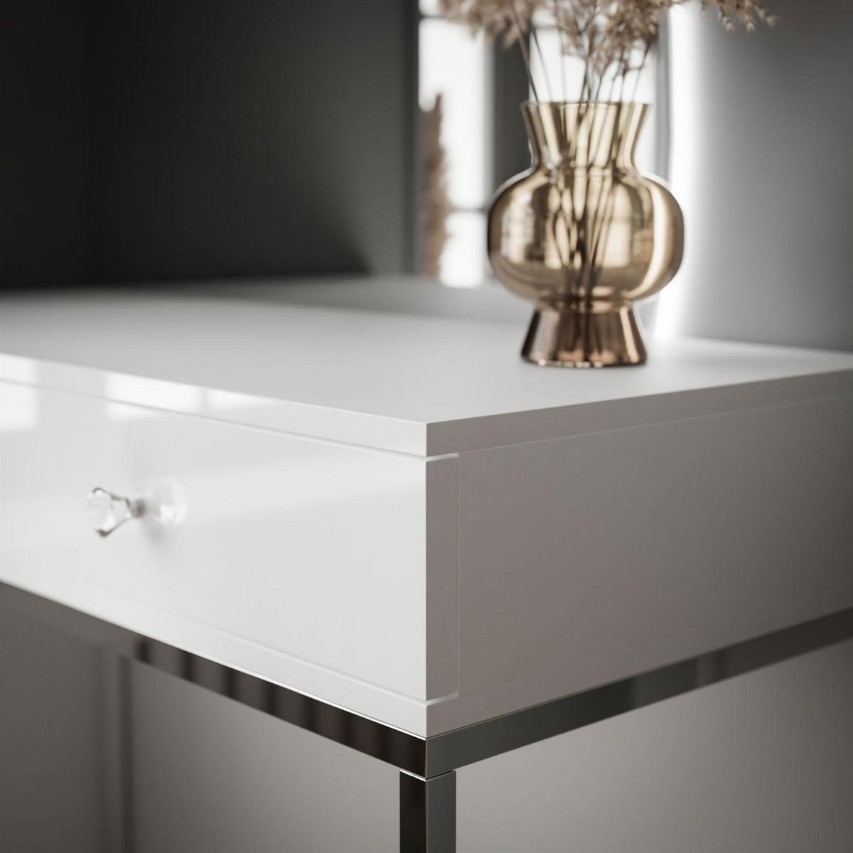 SCHMINKTISCH weiß QUINNIE GLAMOUR mit LED-Spiegel rechts Griff Kristall - Silberfarben/Weiß, Holzwerkstoff (100/176/42cm) - Lookway