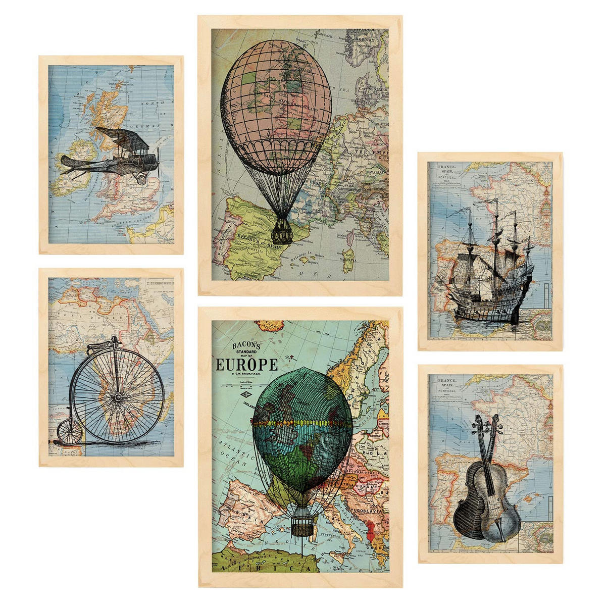 POSTER Set Mit 6 Vintage Maps Sammlung A3 & A4 Rahmen Aus Hellem Holz - Beige, Papier (29/3cm) - Nacnic