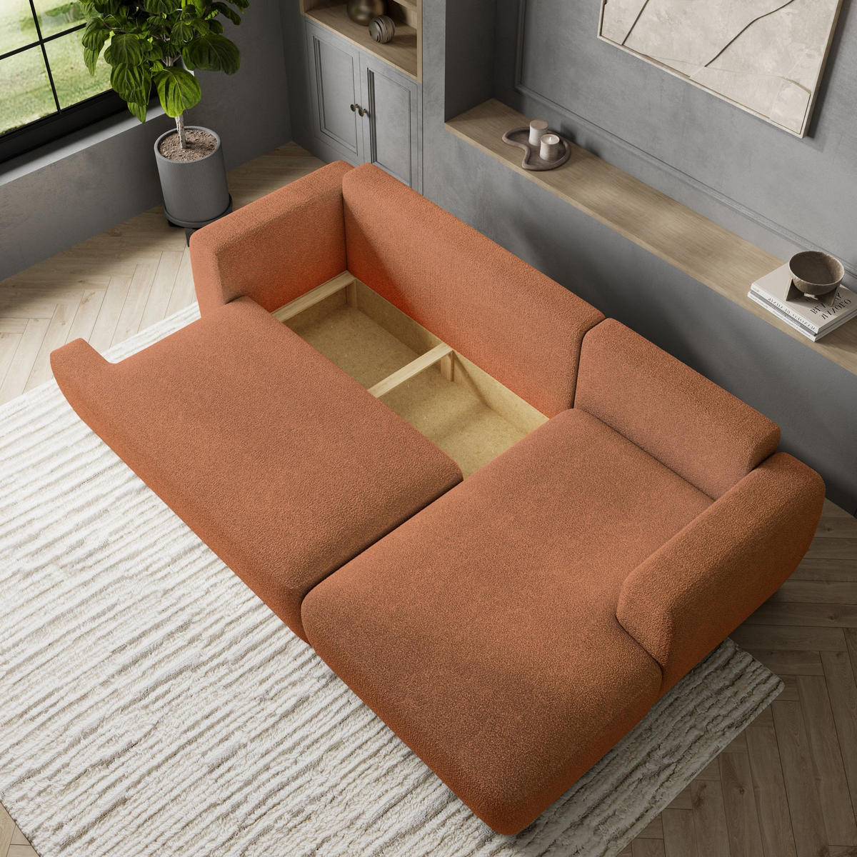 ECKSOFA SENTI N R-S Orange Boucle-Stoff mit Schlaffunktion - Orange, Holz (246/148cm) - MASSENO