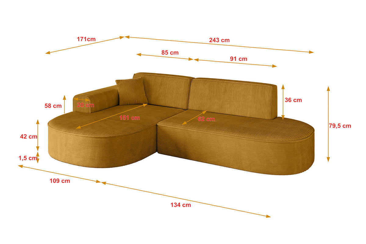 ECKSOFA Ottomane Links MARI-L1 - 243x171x79 cm Senfgelb Cord - Gelb/Schwarz, Holzwerkstoff/Kunststoff (163/234cm) - ALTDECOR