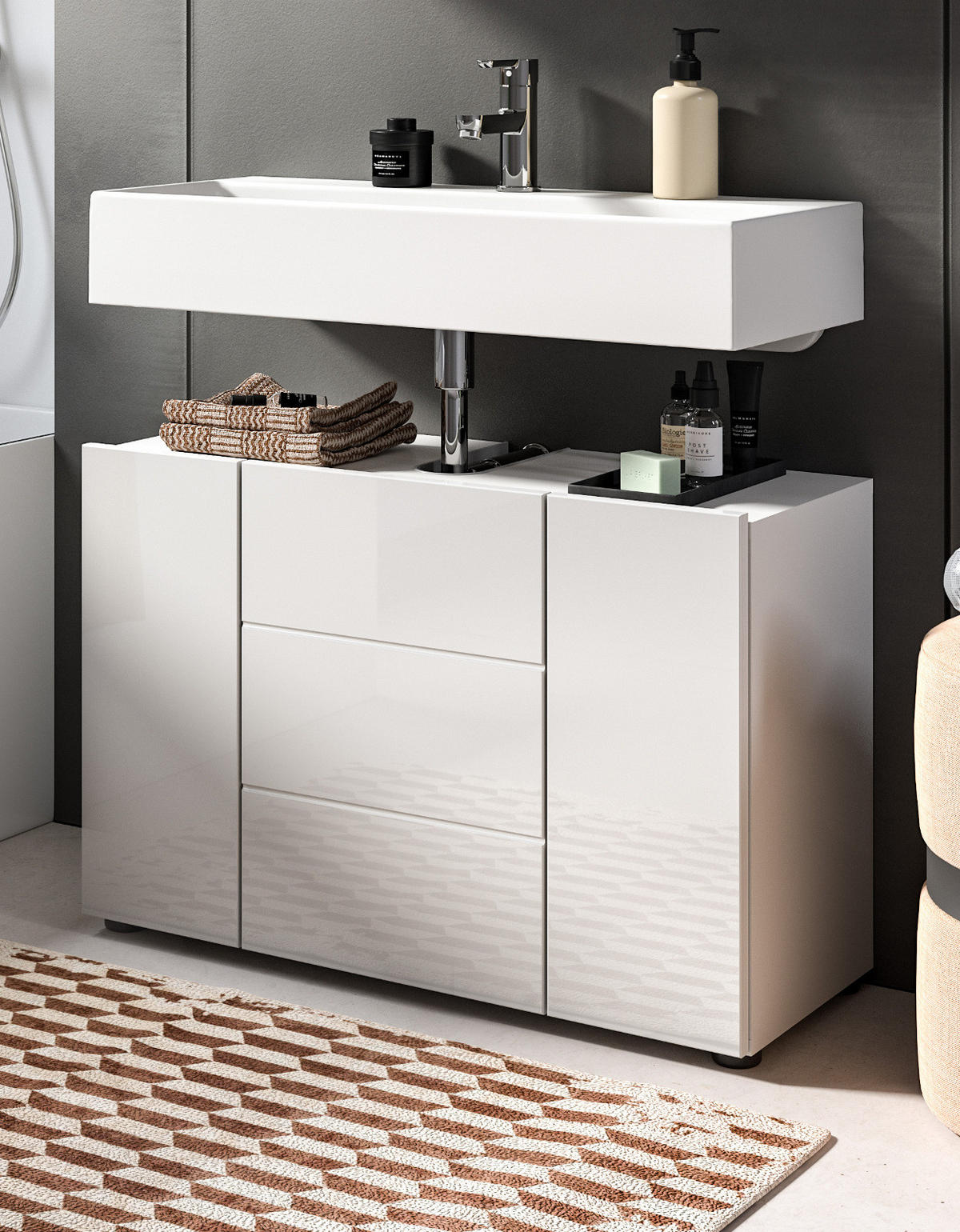 WASCHBECKENUNTERSCHRANK weiß Hochglanz 80 cm, Badezimmer Waschtisch 3-türig - Weiß Hochglanz/Schwarz, Holzwerkstoff/Kunststoff (82/56/34cm) - Inn.Furn
