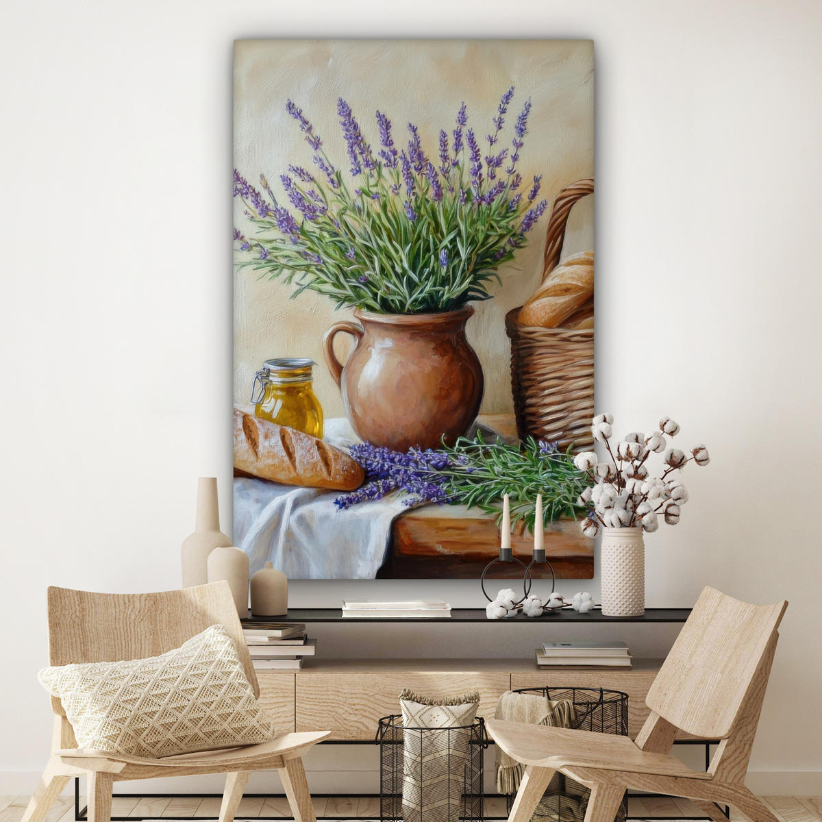 LEINWANDBILD Lavendel - Brot - Stilleben Deko Groß 90x140 cm - Flieder, Textil (90/140cm) - MuchoWow