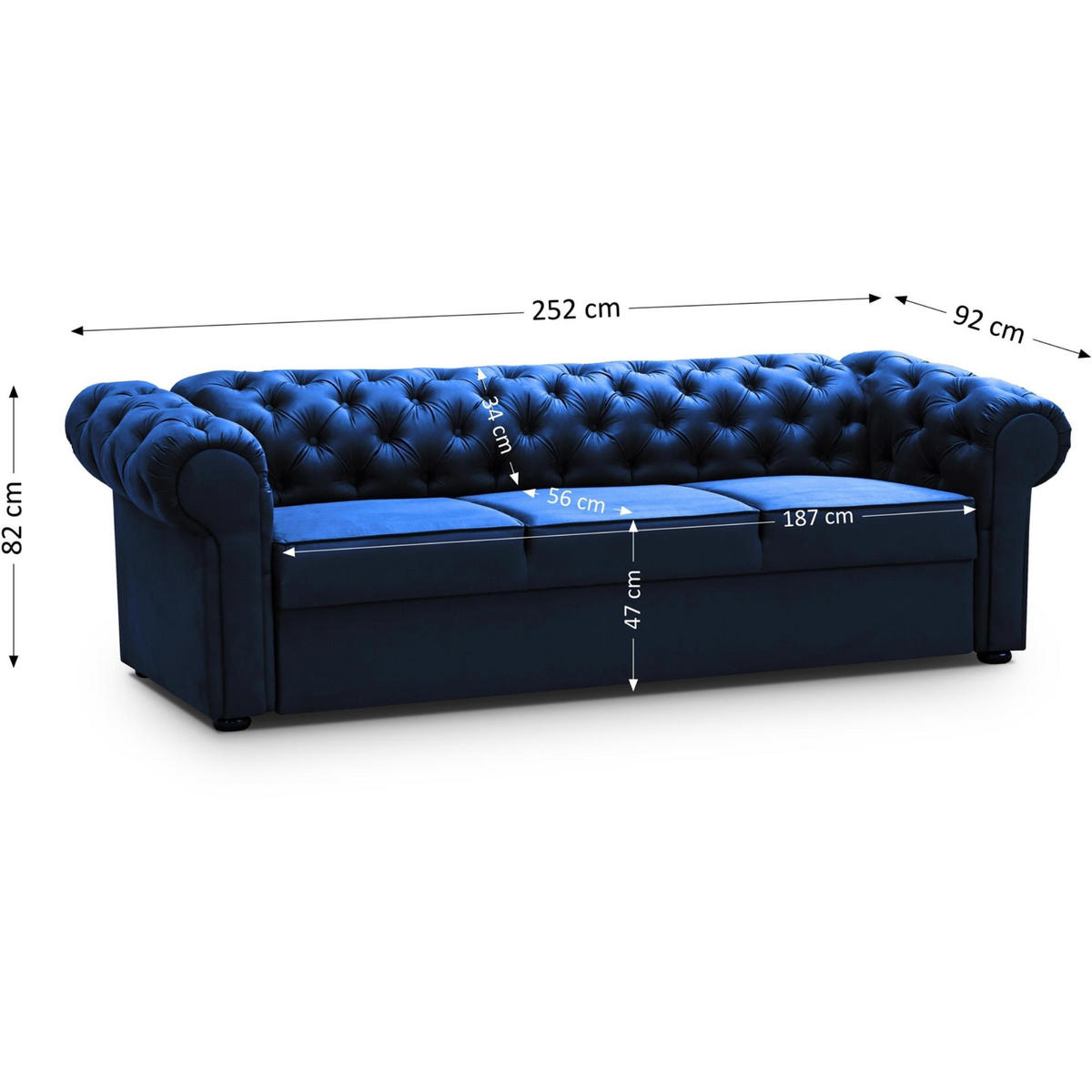 SCHLAFSOFA Chester 3-Sitzer, im Chesterfield-Stil, Dunkelblau - Wengefarben/Dunkelblau, Textil (252/82/92cm) - Beautysofa