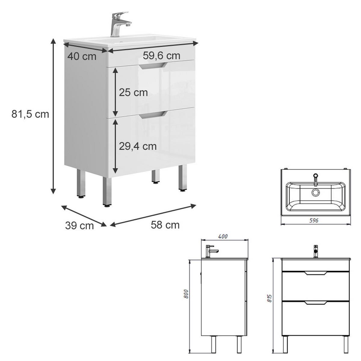 WASCHTISCHKOMBI Clayton, Weiß Hochglanz, 2 Teile, Unterschrank 60 cm - Weiß, Holzwerkstoff (60/81.5/40cm) - Vicco