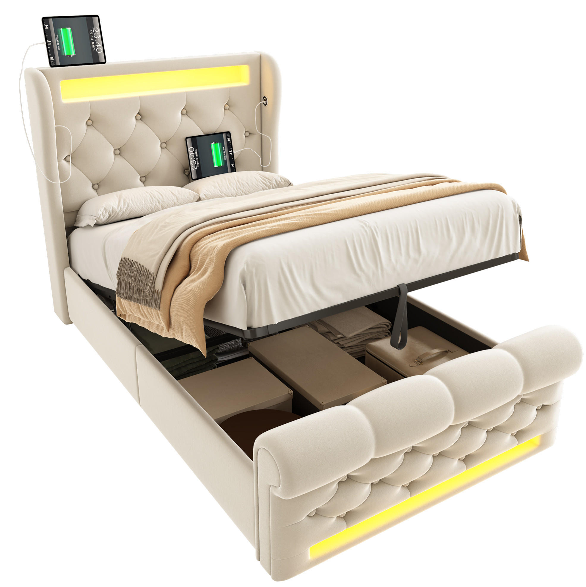 POLSTERBETT 90/200 cm mit LED-Beleuchtung, USB- und Type-C-Anschluss, hydraulischem Stauraum und Samtbezug, Beige - Beige, Textil (90/200cm) - Redom