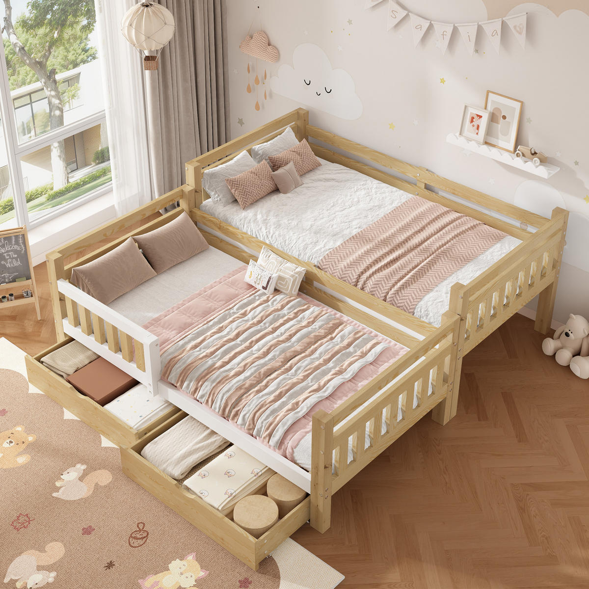 ETAGENBETT aus Holz 90x200 cm Weiß/Natur teilbar in 2 Einzelbetten mit Schubladen - Weiß, Holz (90/200cm) - Modfu