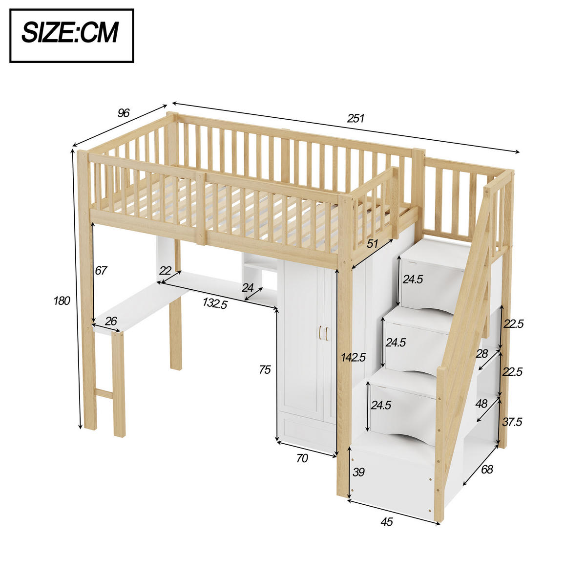 HOCHBETT 90x200 cm Weiß/Naturholz mit Kleiderschrank, Tisch, Regal und Treppe mit Schubladen - Naturfarben, Holzwerkstoff (90/200cm) - Modfu