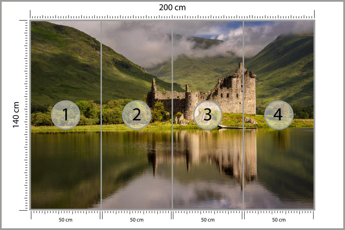 FOTOTAPETE Burgruine Kilchurn See Landschaft 3D 200x140 - Beige/Braun, Papier (200/140cm) - Muralo