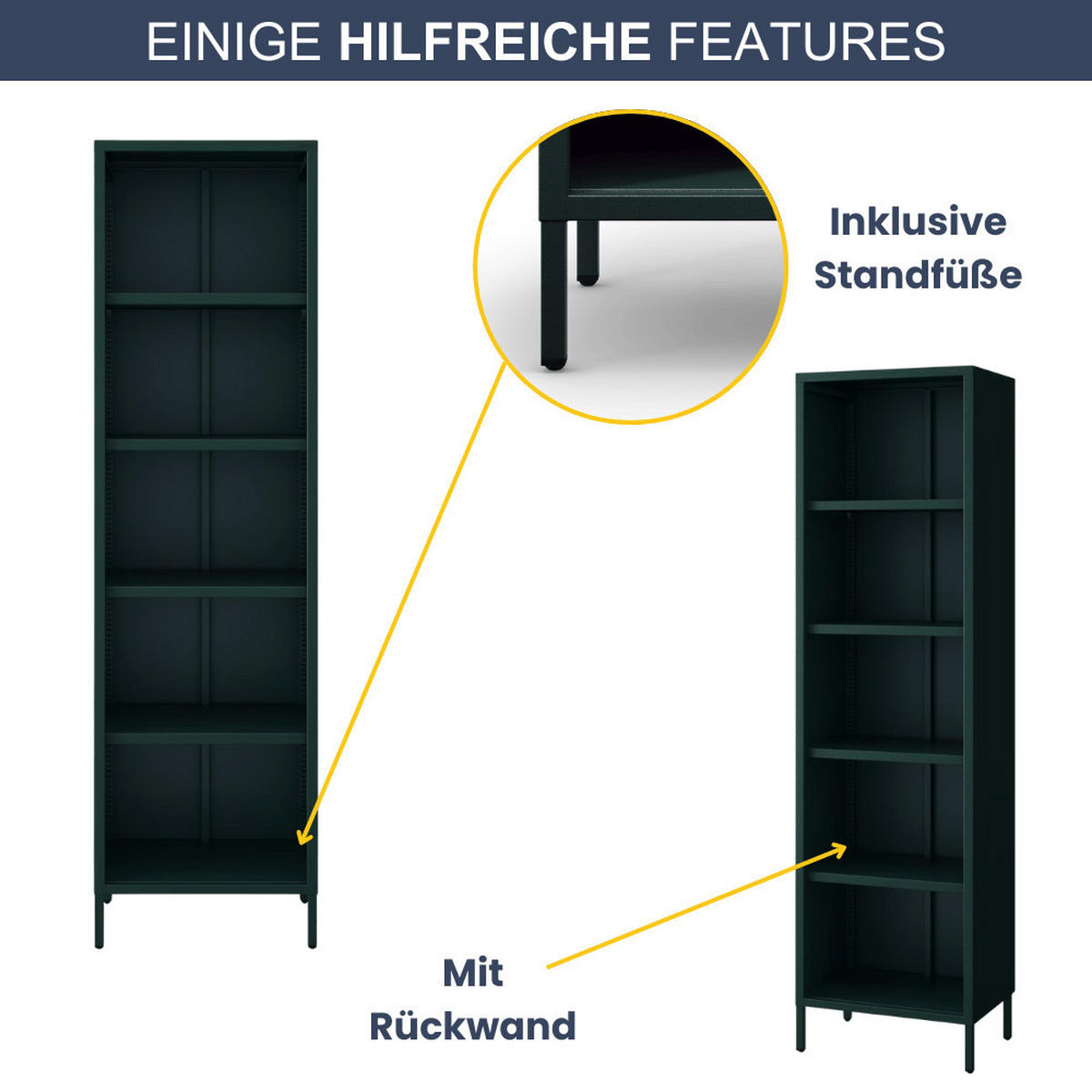 BÜCHERREGAL Metall CLIEN 5 Ebenen 180x50x35cm Dunkelgrün - Dunkelgrün, Metall (50/180/35cm) - DELUKE