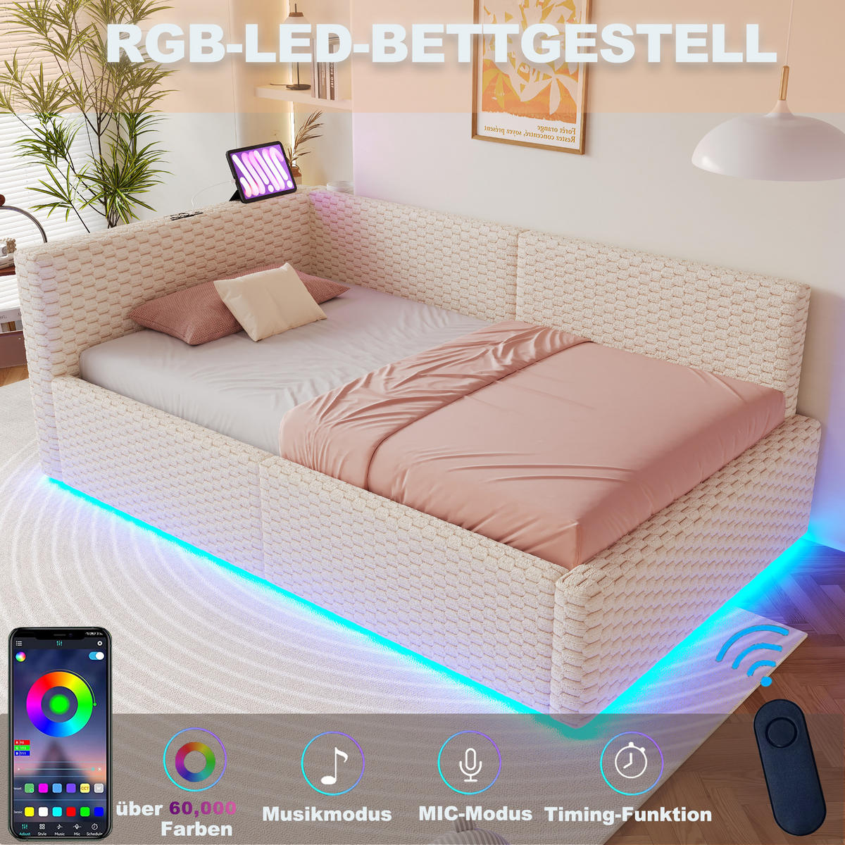 POLSTERBETT 90/200 cm Beige mit LED-Beleuchtung, USB-C-Anschluss und 2 USB-Anschlüssen - Beige, Textil (90/200cm) - Oxeza