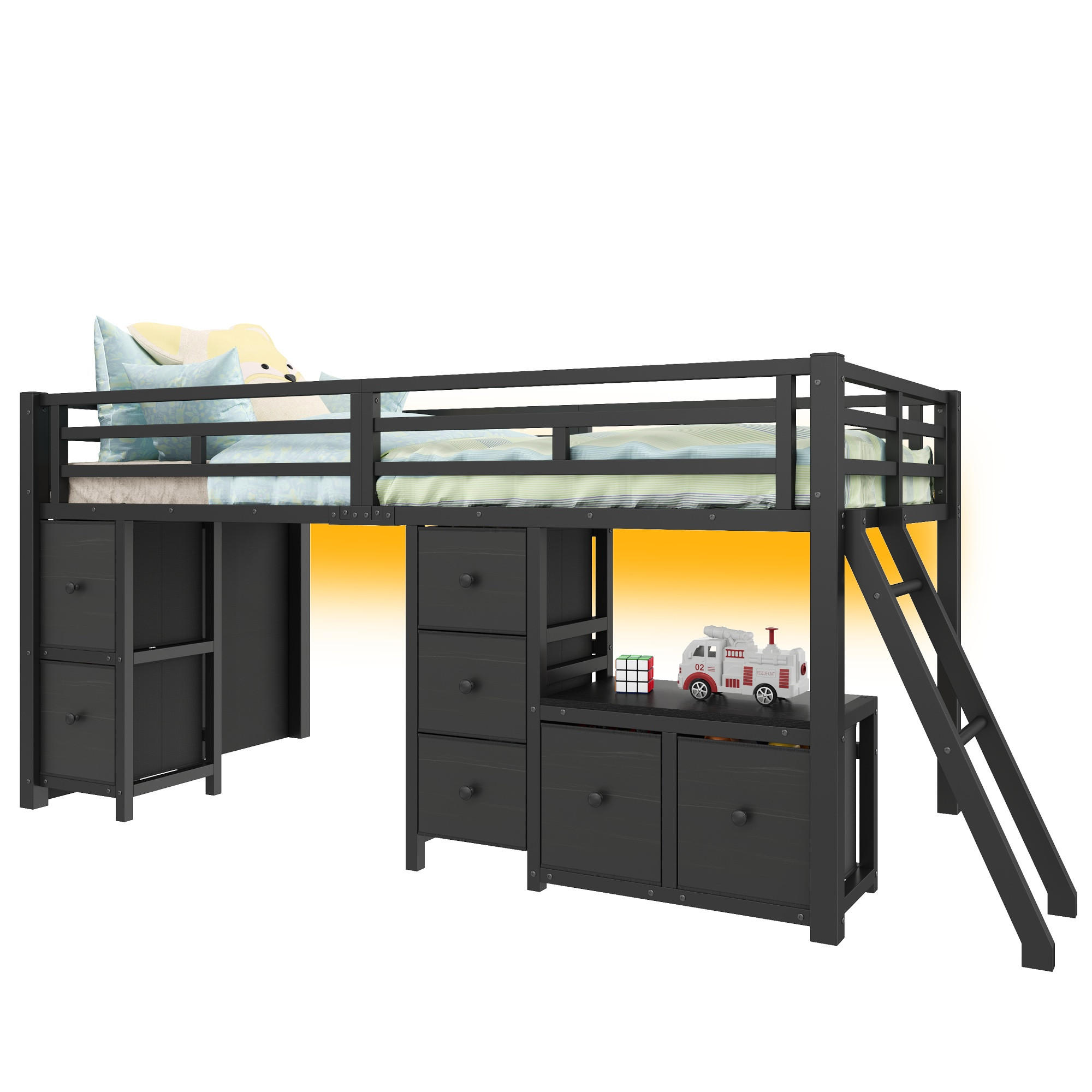 HOCHBETT 90/200 cm in Schwarz mit 7 Schubladen, offenem Regal, LED und Schutzgittern - Schwarz, Holzwerkstoff/Metall (90/200cm) - STILVORA