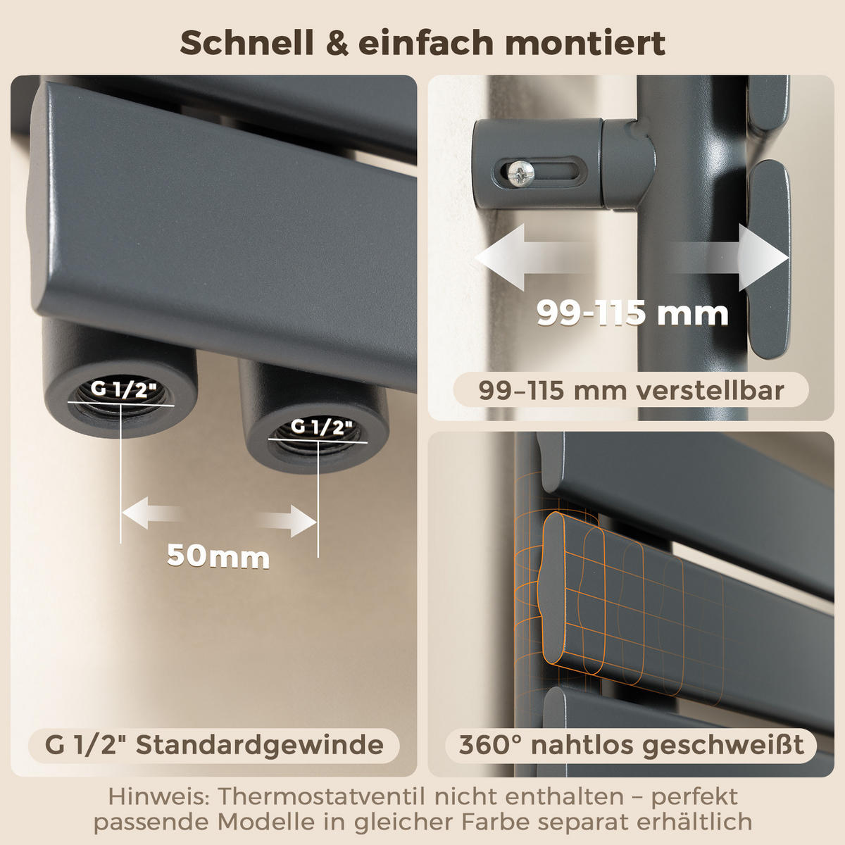 HEIZKÖRPER 132/50 cm Anthrazit Warmwasser aus Stahl 695 W mit Mittelanschluss G1/2" - Anthrazit, Metall (50/132/5.9cm) - S'AFIELINA