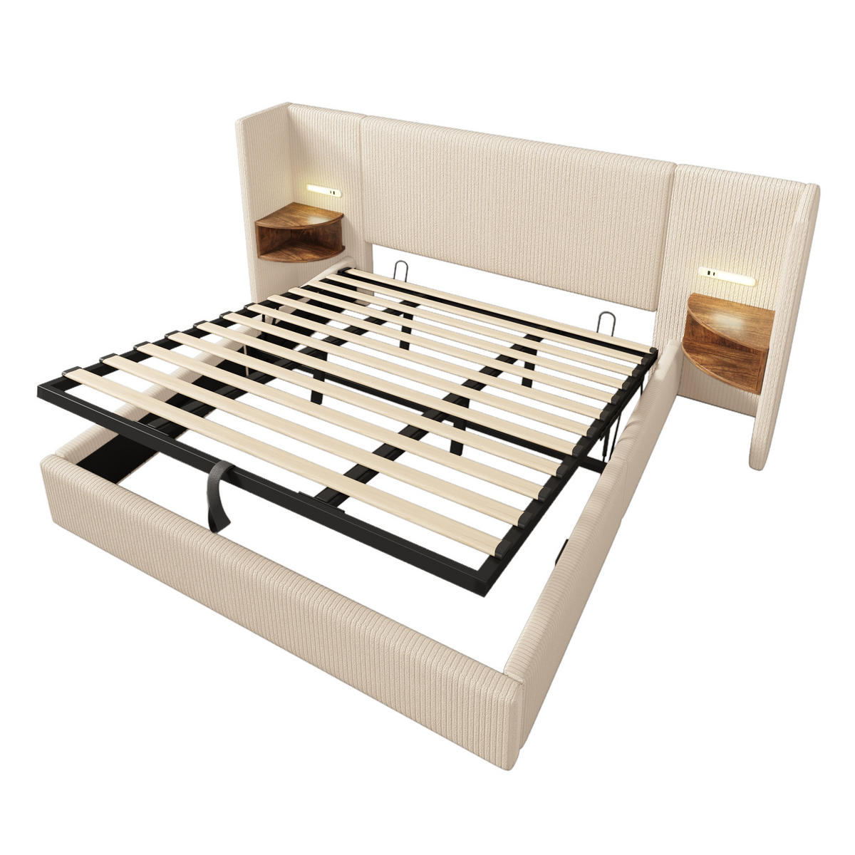 POLSTERBETT 180/200 cm Beige-Weiß mit Stauraum und USB-Anschlüssen - Creme, Textil (180/200cm) - OKWISH