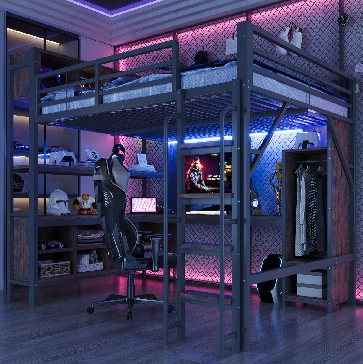 HOCHBETT 140x200 cm in Schwarz mit Schreibtisch, Kleiderschrank, LED und Steckdosen - Schwarz, Metall (140/200cm) - IVMEU