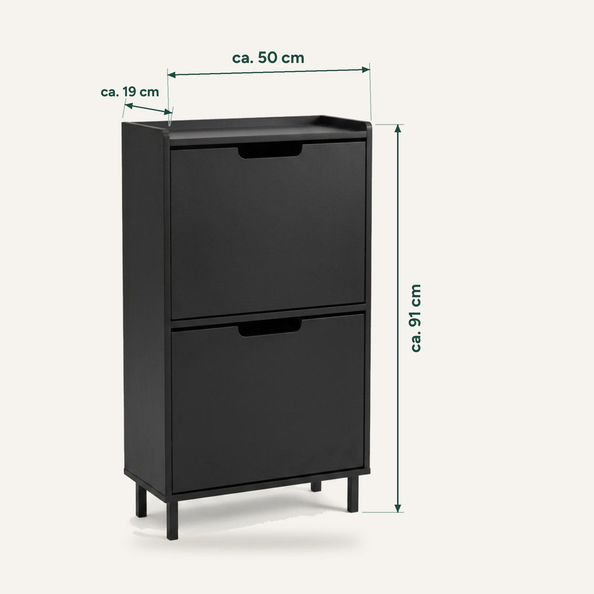 SCHUHSCHRANK Schwarz 2 Klappen Metallbeine 91x50x19 cm - Schwarz, Holzwerkstoff/Metall (50/91/19cm) - Relaxdays