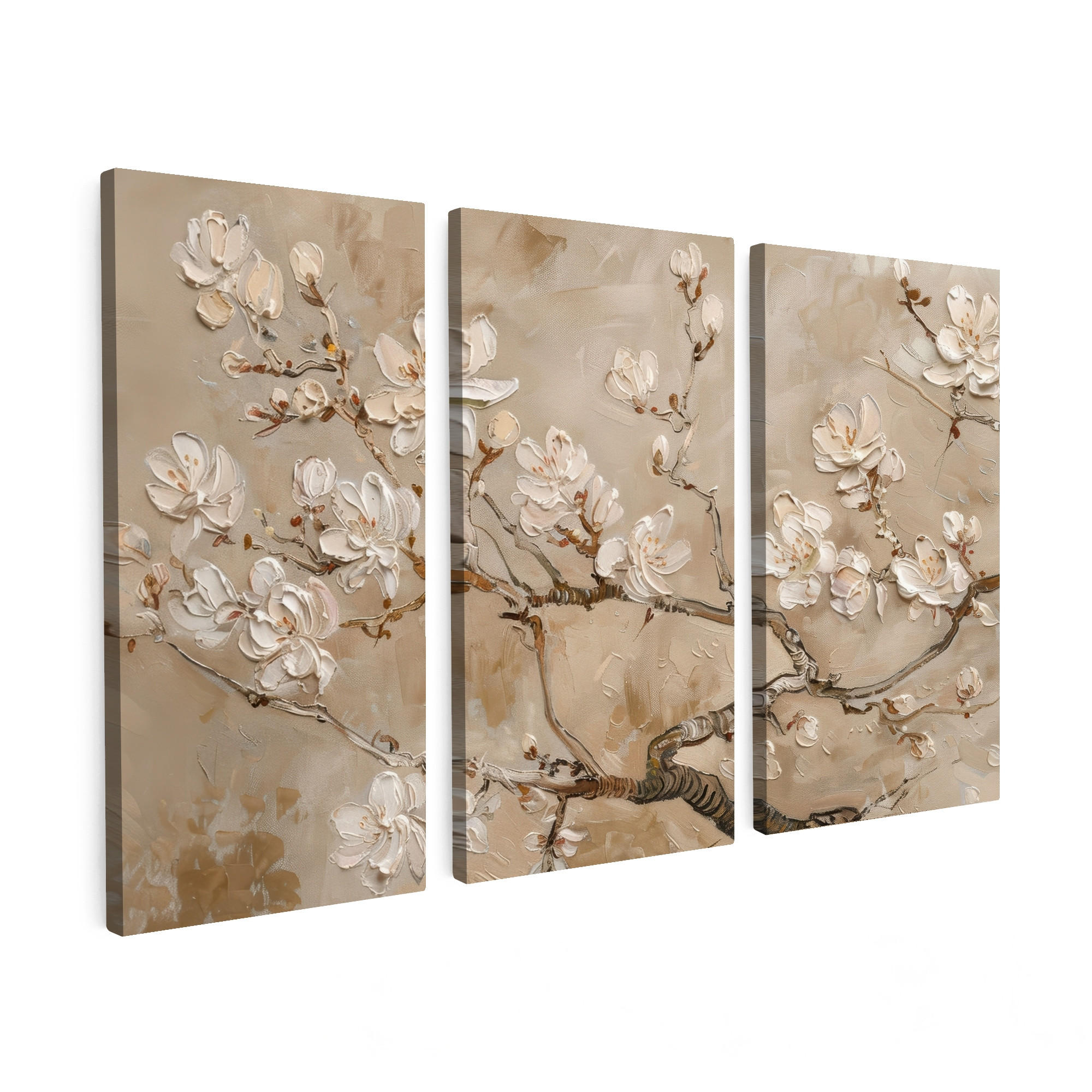 MuchoWow OBRAZ NA PLÁTNĚ 3dílná sada Béžová - Blossom - Moderní 90x60 cm