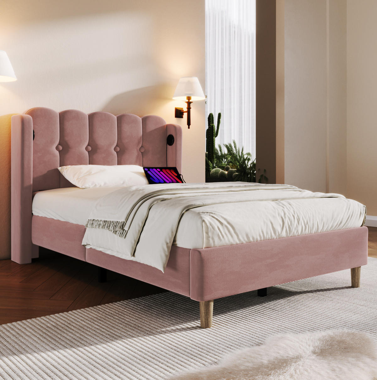 POLSTERBETT mit USB-C-Anschluss 90x200 cm Samt Rosa - Pink, Metall (90/200cm) - Beauniv