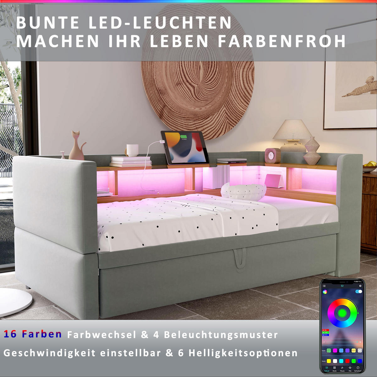 POLSTERBETT 90/180 cm Hellgrau Ausziehbett mit LED-Beleuchtung Steckdosen und Ablagefächern - Hellgrau, Textil (90/190cm) - OKWISH