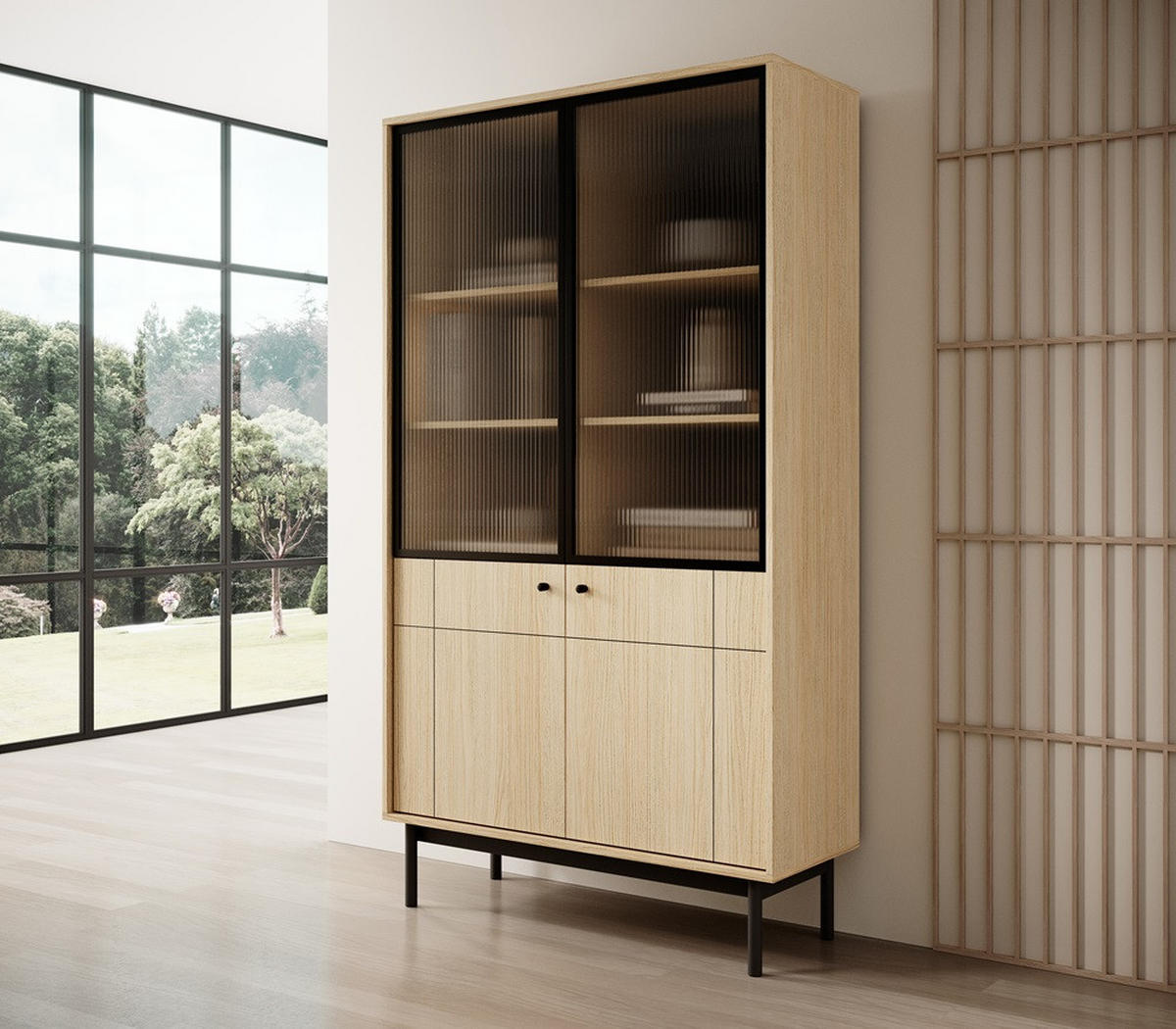 VITRINE Linea Eiche Nature WT104 Japandi Stil - Multicolor, Holzwerkstoff (103.4/184.6/39cm) - Sepro Meble