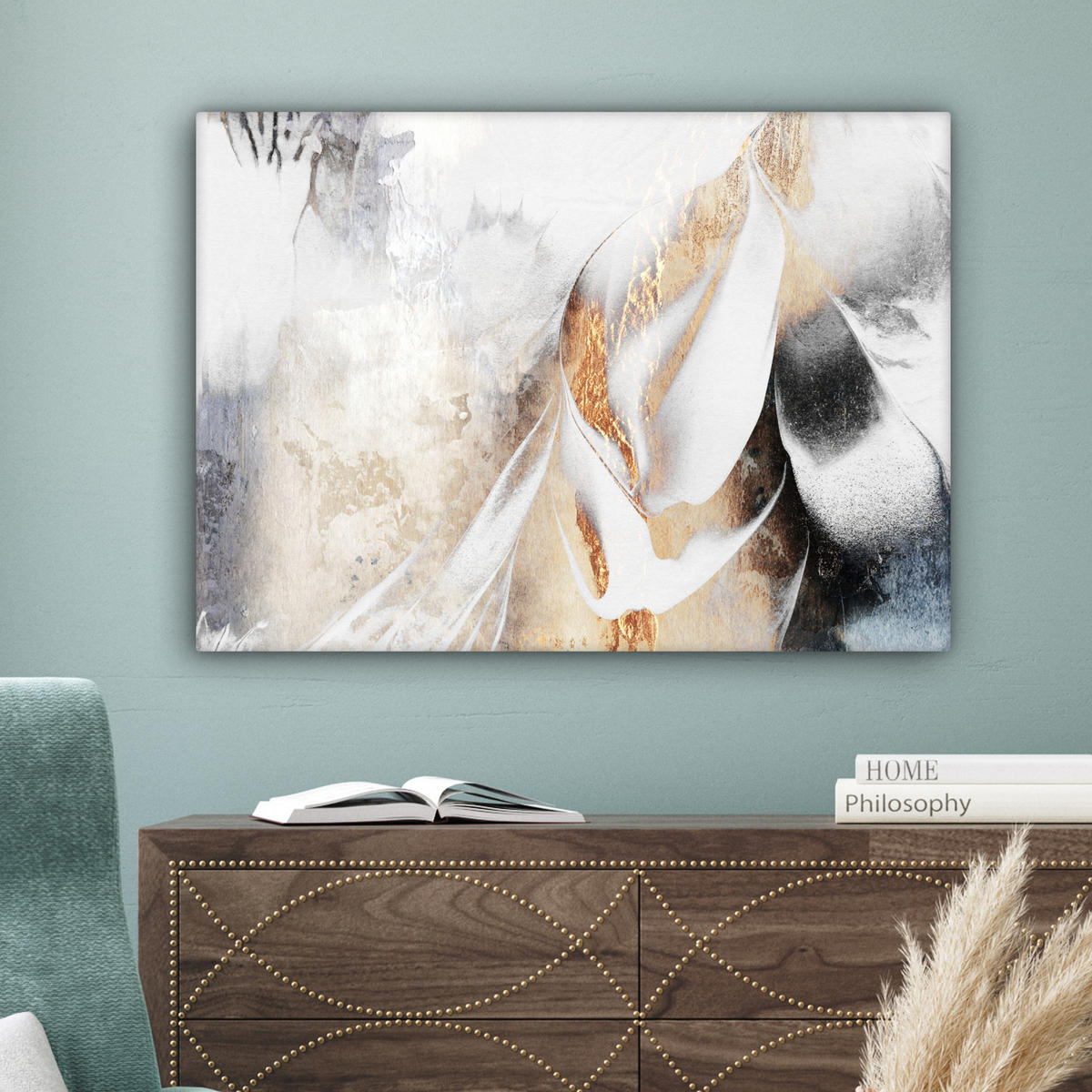 LEINWANDBILD Luxus - Abstrakt - Gold - Weiß Wandbilder 80x60 cm - Goldfarben, Textil (80/60cm) - MuchoWow